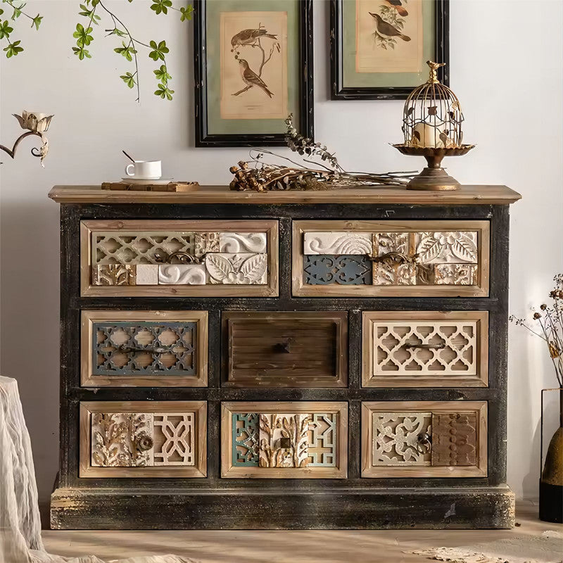 Wood Chest Display Cabinet with Carved Drawers