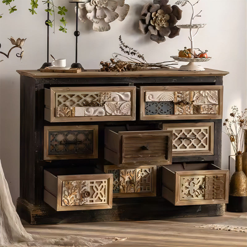 Wood Chest Display Cabinet with Carved Drawers