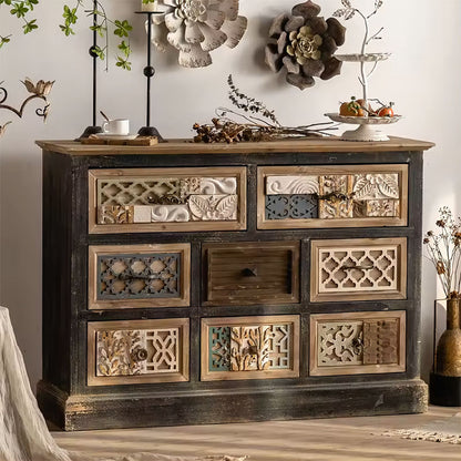 Wood Chest Display Cabinet with Carved Drawers