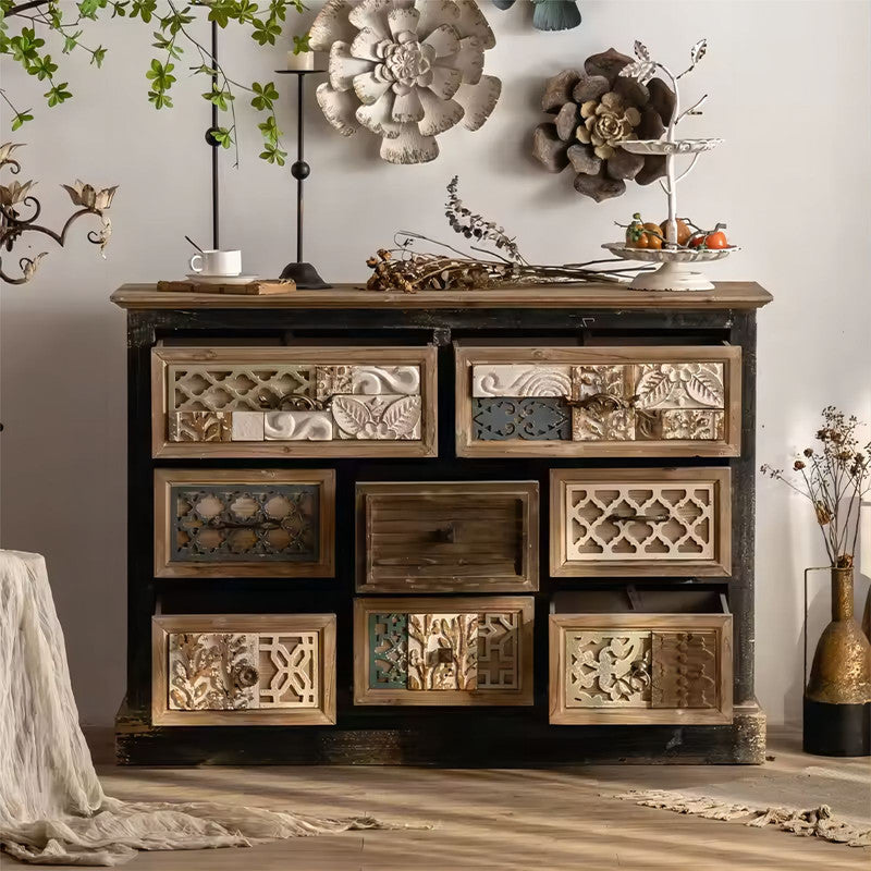 Wood Chest Display Cabinet with Carved Drawers