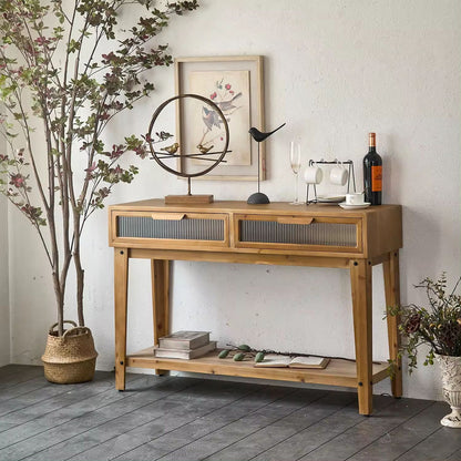 Solid Wood Console Table 2 Glass Drawer Cabinet