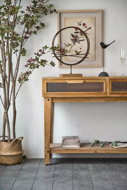 Solid Wood Console Table 2 Glass Drawer Cabinet