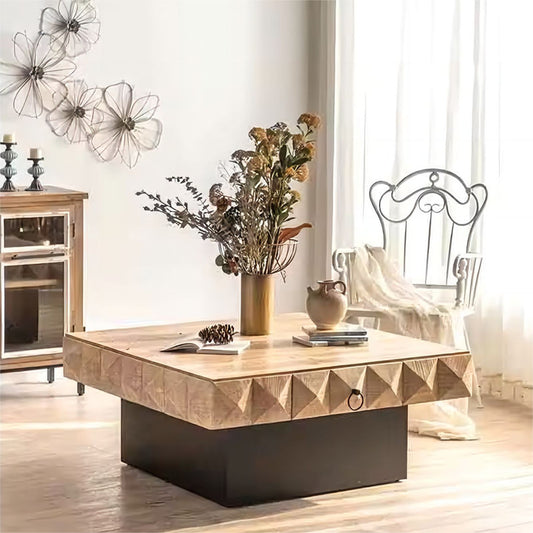 Square Wooden Top Coffee Table with Storage Drawers